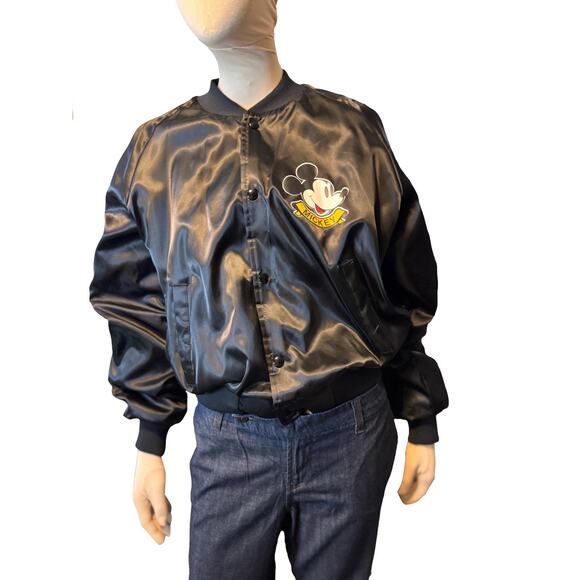 Vintage 80s Chalk Line Mickey Mouse Satin Bomber Jacket Black Large Made in USA - Picture 1 of 12